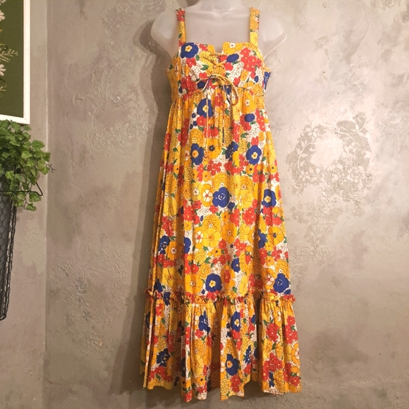 VINTAGE 70S ASSEMBLAGE BRIGHT FLORAL LACE UP FRONT BABYDOLL COTTON MAXI DRESS - Picture 2 of 6